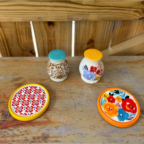 Pioneer Woman Flea Market Pattern Floral Salt & Pepper Shakers & Coasters - Picture 1 of 4